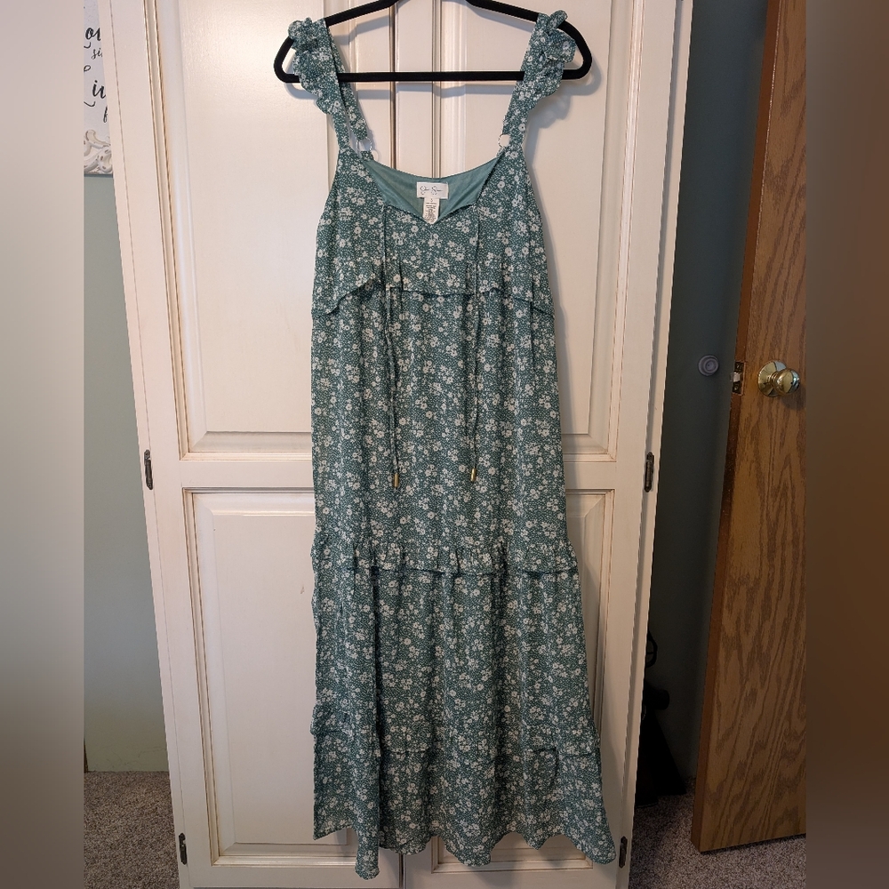 Jessica Simpson Green Maxi Sundress With Ruffled Spaghetti Strap Sleeveless